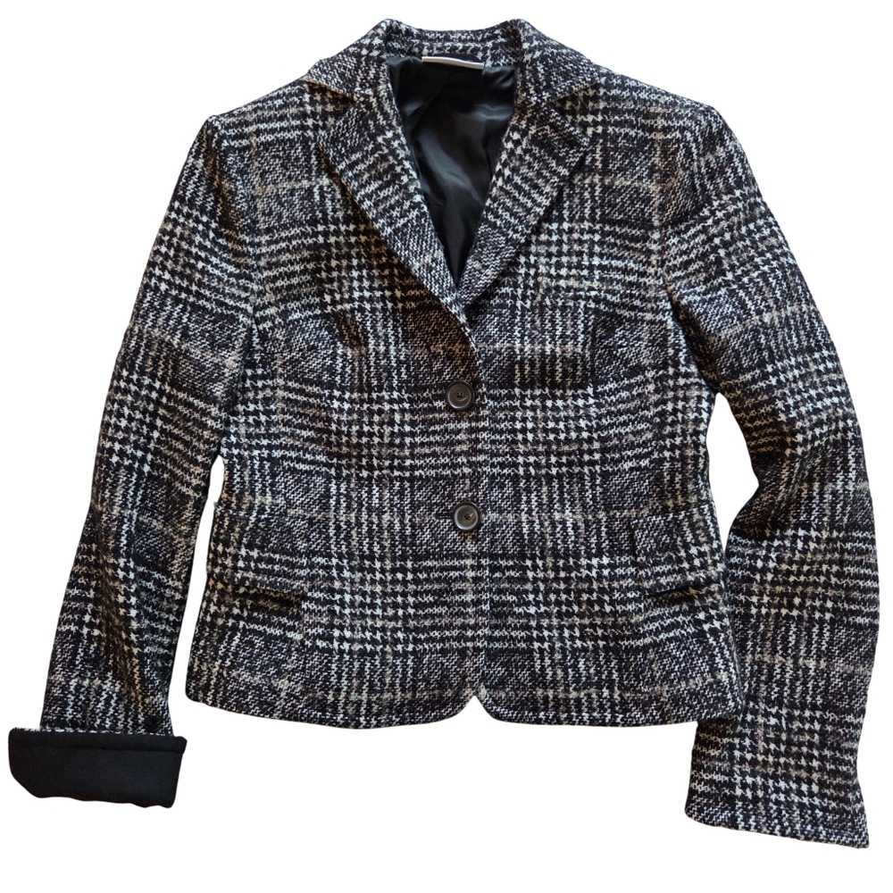 Akris Punto Salt & Pepper Taupe Window Tweed Short Fitted Jacket Cuffs EUC 6